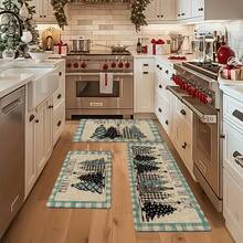 1/2/3pcs Buffalo Plaid Christmas Tree "Merry Christmas" Kitchen Mat Set, Subtle Winter Home Decor Kitchen Carpet - Multicolor - View 5
