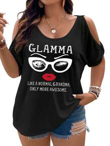 GLAMMA A Normal Grandma, Only More Awesome Women Cold Shoulder Tops Summer Short Sleeve Shirt Plus Size - 黑色 - 查看 1