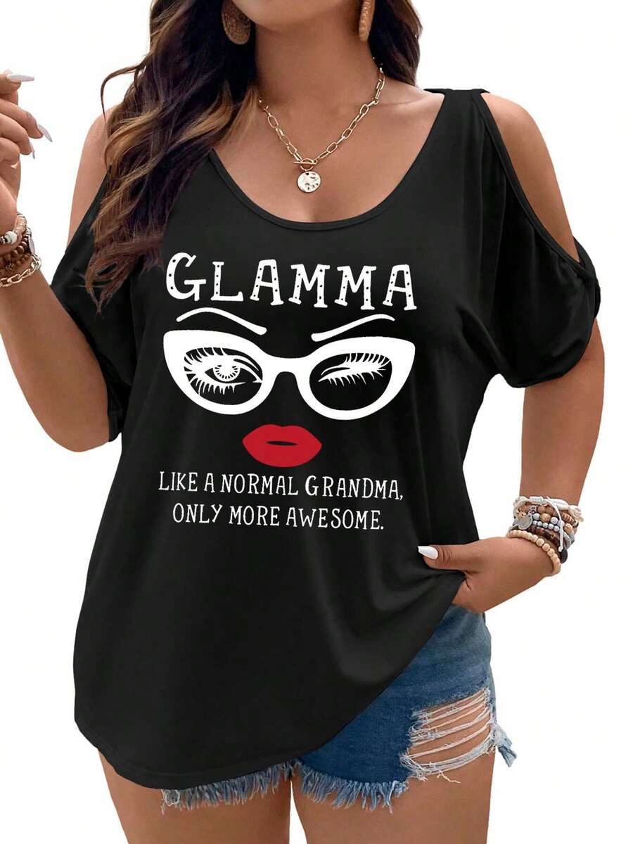 GLAMMA A Normal Grandma, Only More Awesome Women Cold Shoulder Tops Summer Short Sleeve Shirt Plus Size - 黑色 - 查看 1