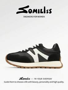 somiliss Women's Fashion Casual Sports Shoes, Suede Leather, Comfortable Thick Sole, Outdoor Walking Shoes, Suitable For Daily Commute, Black - Black - View 3