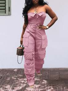 Sweet And Cool Fashion Women's Y2K Style Workwear Jumpsuit, Denim Jumpsuit, Denim Workwear, Mid Waist Non Elastic, Waist Cinching And Hip Lifting, Loose And Slimming, Suitable For All Seasons, Paired With Multi Pocket Design,  And Cool, Suitable For Back To School Season, Hot Girls, Work, Outdoor Work, Outdoor Activities, Travel, Streets, Nightclubs, Parties, Fashion Shows - 粉色 - 查看 3