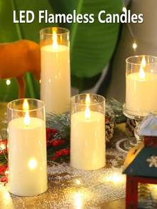 大型塑料LED蜡烛，户外防水无焰蜡烛，电池供电，LED闪烁柱形蜡烛，持久耐用，塑料婚礼蜡烛，桌面烛台灯，适用于餐厅、酒吧、家居装饰、情人节、求婚、氛围蜡烛、情侣用餐蜡烛 - 米色 - 查看 3