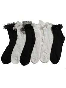 6 Pairs Charming Cute Bow & Ruffle Design Crew Socks - Japanese Fashion Crew Style - Soft Comfortable Ladies Stockings - Add Bright Colors To Your Wardrobe, Fall - Nhiều màu - Xem 10