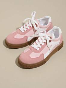 Women's Multifunctional Fashion Casual Shoes, Flat Lace-Up Round Toe Rubber Sole Casual Sneakers, Black & Khaki Color Block, Daily Matching Shoes, Casual Shoes Size 36-42, Fashion Skate Shoes, New Style - Pink - View 6