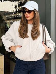 Women's Zip-Up Bomber Jacket, Short Pilot Jacket For Autumn/Winter, Black, Beige, Grey, Long Sleeve, Faux Suede Baseball Coat White Spring - White - View 4