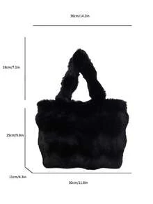 秋冬新款毛绒单肩包大容量手提包拼布托特包纯色仿皮草手提包多功能女包优雅百搭通勤包 - 黑色 - 查看 3