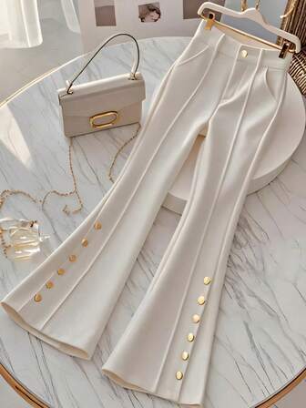 Women's Summer Solid Color Versatile Daily Commute Slimming High Waist Flared Pants With Button Zipper Gold Button Decoration