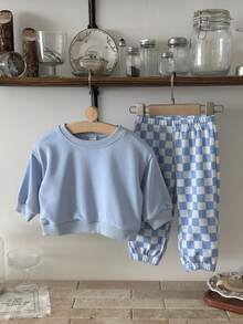 Bộ 2 áo nỉ dài tay cổ tròn màu trơn đơn giản cho bé trai và quần dài kẻ caro, mùa xuân/thu - Màu xanh lam - Xem 6