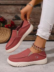 1 Pair Women's Casual Slip-On Canvas Sneakers, Solid Color PU Low-Top Outdoor Leisure Hiking Lightweight Flat Shoes - Orange - View 2