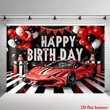2D Flat Race Car Birthday Party Background - Polyester Happy Birthday Photography Backdrop With Balloons - Multipurpose, Non-Electric Decor, General Use And Seasonal Celebration - Multicolor - View 4