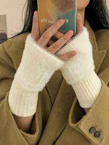 1 双柔软半指手套，针织保暖无指冬季手套，适合女士 - 白色 - 查看 12