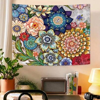 Colorful Floral Tapestry, Bright Bohemian Style Fabric Floral Tapestry, Multi-Color Bedroom Home Hippie Wall Decor