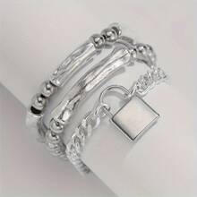 3pcs Elegant Silver Beaded Punk Lock Bracelet Set