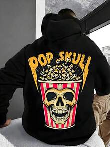 Men'S Fashionable, Casual, Comfortable, Soft, And Loose Design With A Back Image Of English Letters And Skull Corn Pattern, Simple Printed Cotton Logo T-Shirt - Suitable For Travel And Casual Wear, Versatile, And Can Be Worn Outdoo,Fall Hoodies,Men's Fall Clothes,Street Wear,Halloween,Mens Hoodies,Y2k Clothes,Jesus Hoodie,Thanksgiving Day,Nightmare Before Christmas,Christmas - 黑色 - 查看 1