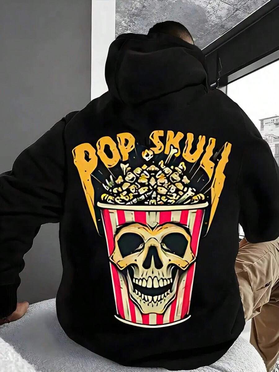 Men'S Fashionable, Casual, Comfortable, Soft, And Loose Design With A Back Image Of English Letters And Skull Corn Pattern, Simple Printed Cotton Logo T-Shirt - Suitable For Travel And Casual Wear, Versatile, And Can Be Worn Outdoo,Fall Hoodies,Men's Fall Clothes,Street Wear,Halloween,Mens Hoodies,Y2k Clothes,Jesus Hoodie,Thanksgiving Day,Nightmare Before Christmas,Christmas - 黑色 - 查看 1