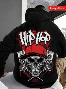 Stylish Men'S Hoodie With Skull & Speaker Graphic, Red Lettering - Soft Cotton Blend, Easy-Care Pockets, Perfect For Fall, Winter Casual Wear, Oversized Hoodie,Fall Hoodies,Men's Fall Clothes,Street Wear,Halloween,Mens Hoodies,Y2k Clothes,Jesus Hoodie,Thanksgiving Day,Nightmare Before Christmas,Christmas - 黑色 - 查看 1