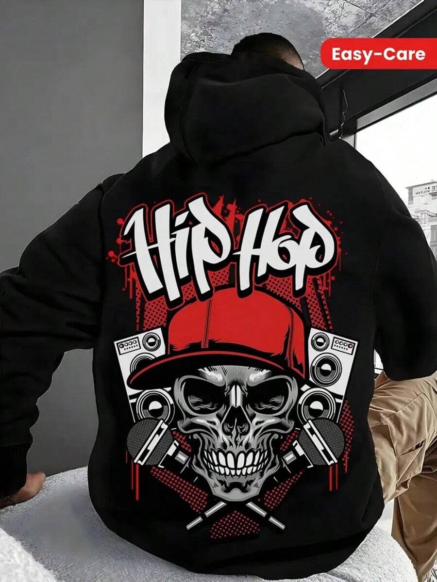 Stylish Men'S Hoodie With Skull & Speaker Graphic, Red Lettering - Soft Cotton Blend, Easy-Care Pockets, Perfect For Fall, Winter Casual Wear, Oversized Hoodie,Fall Hoodies,Men's Fall Clothes,Street Wear,Halloween,Mens Hoodies,Y2k Clothes,Jesus Hoodie,Thanksgiving Day,Nightmare Before Christmas,Christmas - 黑色 - 查看 1