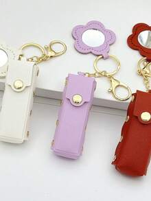 1pc Solid Color PU Leather Lipstick Holder (With Heart-Shaped Mirror) - Women's Makeup Keychain. Back To School Lipstick Holder With Heart-Shaped Mirror, Multiple Colors Available, Women's Makeup Bag, Heart-Shaped Bag Charm Fashion Keychain Pendant, Wallet, Handbag, Bag Accessory. Suitable For Parties, Weddings And Dances. Make Up Bag - White - View 9