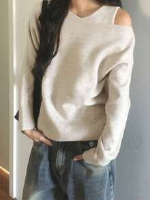2 件套舒适百搭纯色长袖套头衫 + 纯色背心，2025 年秋冬 - 米色 - 查看 1