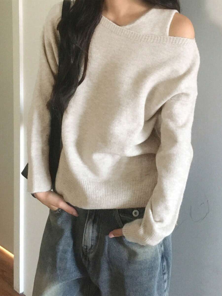 2 件套舒适百搭纯色长袖套头衫 + 纯色背心，2025 年秋冬 - 米色 - 查看 1