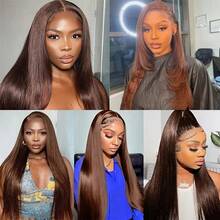 Glueless Lace Front Wig Brazilian Virgin Hair 13*4 13*6 5*5 HD Lace Front Wig 200% Density Wigs Frontal Glueless #4 Brown Colored Pre Plucked With Baby Human Blended Hair Bob Highlight Ombre Lace Front Straight Human Frontal Hair Wigs - Brown - View 11