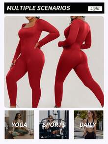 Yefecy Elegant Casual Waistline Solid Color Long Jumpsuit With Tight Fit, Square Neckline, And Plus Size For Women - 紅色 - 查看 4