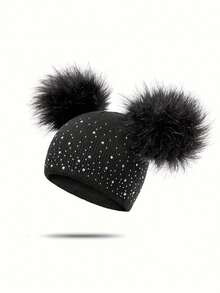 1pc Kids' Solid Double Pompom Rhinestone Knit Beanie Hat With Foldable Brim For Warm - Black - View 4