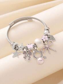 1件装女士优雅粉色水晶仿珍珠吊坠猫咪蝴蝶结串珠手链，樱桃皇冠图案，适合女士派对配饰、礼物、母亲节、万圣节、圣诞节、情人节、节日礼物 - 粉色魅惑貓咪蝴蝶結 - 查看 2