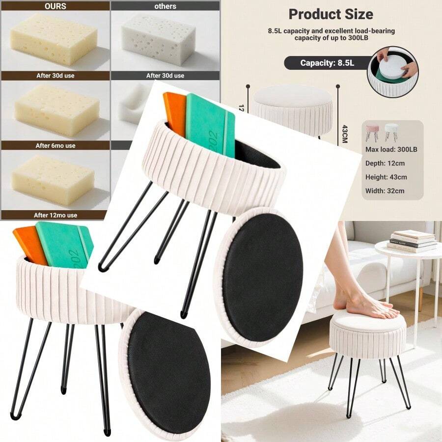 Vanity Stool With Storage  Small Vanity Stools For Make Up Round Ottoman Foot Stool Makeup Stools For Bedroom Veet Vanity Stool For Bathroom Bedroom Living Room Cream
