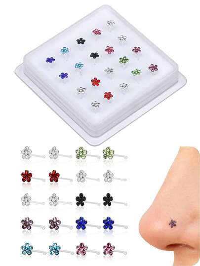 20pcs/Box Mixed Color Rhinestone Clover Shaped Flexible Soft Nose Studs For Women