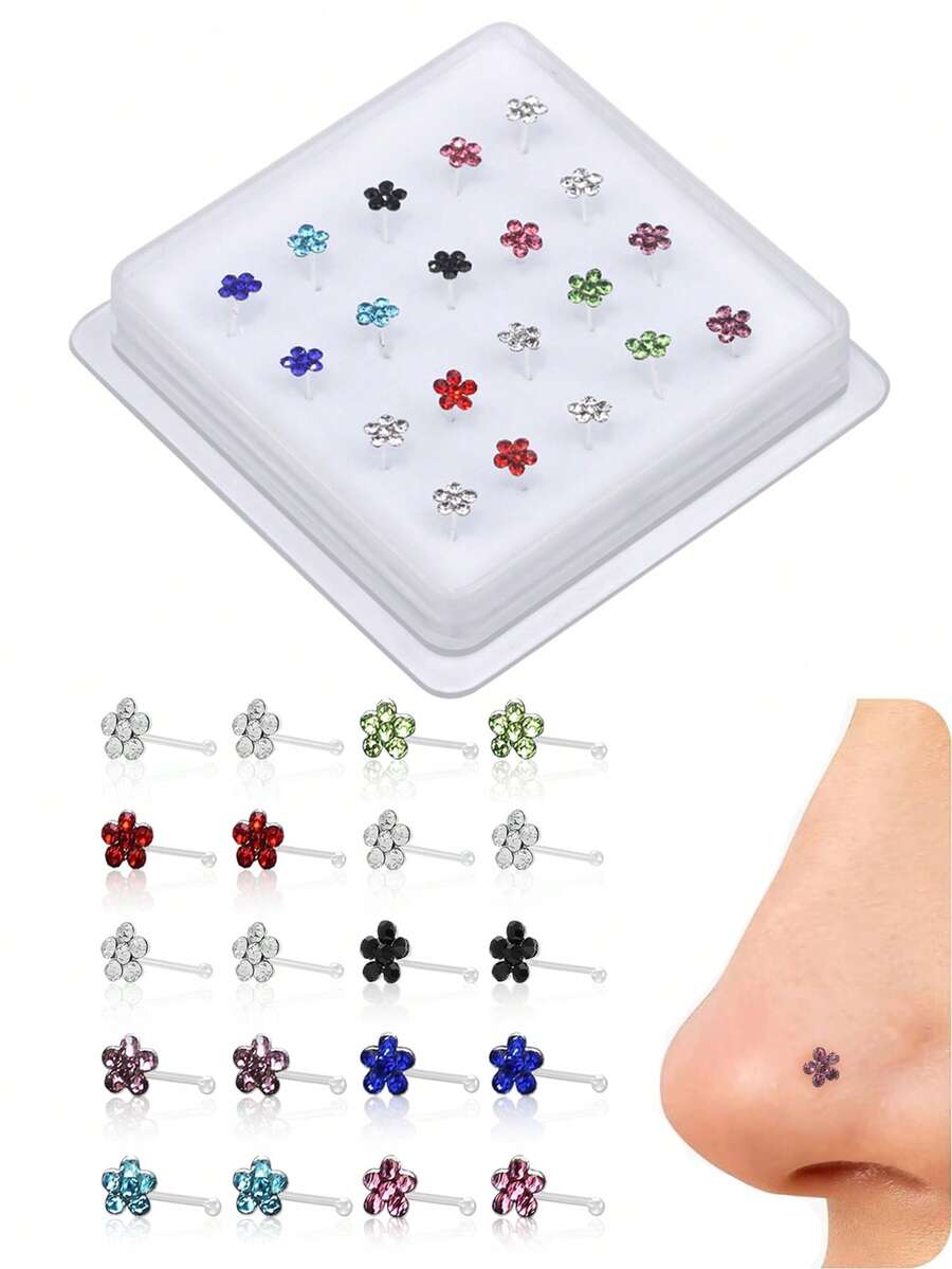 Hộp 20 khuyên mũi mềm dẻo hình cỏ ba lá đính đá nhiều màu sắc cho nữ - Màu sắc hỗn hợp - Xem 1
