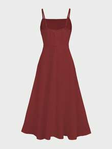 2 件套优雅法式复古硬币印花吊带裙 + 短袖夹克上衣，迷人两件套 - 酒紅色 - 查看 8