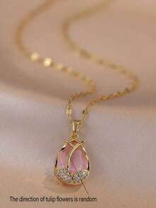 1pc Titanium Steel Tulip Necklace, Non-Fading Necklace For Women, High-End Hypoallergenic Clavicle Chain, Suitable For Daily Wear And Parties - Pink - View 13