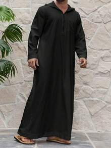 عباءة عربية تقليدية للرجال المسلمين، بلون أحادي، كاجوال، سحاب نصفي، أكمام طويلة، مزودة بقلنسوة - مشاهدة 4