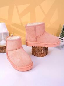 1 Pair Of Children's Snow Boots With Brown, Black, Pink Plush Lining And Suede Lining For Warmth . Short Top, Flat Heel, Simple, Casual, Comfortable And Fashionable. Children's Snow Boots For Winter Holiday Travel