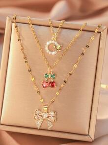 3pcs/Set! Elegant Sparkling Rhinestone Butterfly & Cherry Pendant Necklace Set, Suitable For Girls Daily, Dates, Parties, Gifts, Vacations, Banquets And Everyday Wear