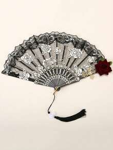 1pc Elegant Vintage Spanish Lace Fan Luxurious European Rose Folding Fan For Cosplay Performance Decoration Valentine's Day - Black - View 8
