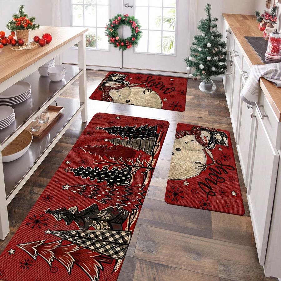 1/2/3 buah Keset Lantai Dapur Tebal 0,47 inci/1,2 cm Motif Pohon Natal & Manusia Salju - Anti Selip, Karpet Tahan Minyak untuk Dapur, Ruang Tamu, Ruang Cuci, Kamar Mandi - Tahan Noda, Tahan Air, Cocok Sebagai Keset Pintu, Dekorasi Ruangan, Mudah Dibersihkan, Anti Lelah - MultiWarna - View 1
