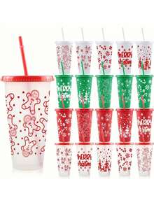 5-1 Pc 24 Oz Christmas Themed Straw Cup, Christmas Themed Water Bottle, Large Capacity Plastic Water Cup, Durable, Reusable With Straw And Lid, Festive Design, Suitable For Hot And Cold Drinks, Outdoor Activities, Parties And Holiday Decorations, Christmas Gifts, Suitable For Milk Tea, Coffee, Purified Water, Outdoor, Indoor, Christmas, New Year,Christmas Gifts, Cups