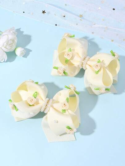 2PCS Flower Hair Bow Clips For Girls, Rose Faux Pearl Decor Champagne Color Polyester Fiber Headdress,Fashion And Elegant Hair Clips For Teens Special Occasion Hair Accessories