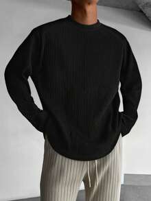 Áo thun nam dài tay cổ tròn màu đen, chất liệu dệt kim gân nổi, thoải mái, dáng rộng, có thể mặc riêng hoặc phối lớp, phong cách tối giản thường ngày, có thể giặt máy, phù hợp cho đi làm hàng ngày, phong cách cổ điển. - màu đen - Xem 4