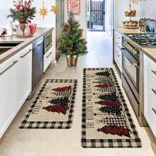 1/2/3pcs Black & White Plaid Christmas Tree & Merry Christmas Kitchen Mat Set, Subtle Winter Home Decor Kitchen Carpet - Multicolor - View 2