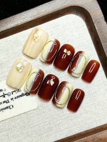 10pcs/Set Handmade Wearable Nail Stickers, Pressure-Sensitive Design, Combination Of Milk Tea And Coffee Colors, Suitable As Gifts, Reusable Handmade Press On Nails - Coffee Brown - View 3