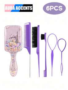 7pcs/6pcs/5pcs/4pcs/2pcs/1pc Square Comb Spray Bottle Set, Cartoon Iron Tower Printing Anti-Static Plastic Comb, Portable Pattern Hair Pulling Needle, High-Pressure Atomization Spray Bottle, Suitable For Girls, Ordinary Hair, Durable ABS Handle, Lovely Square Design, Hairdressing Tool Set ,Hair Styling Tools ,Hair Styling Kit