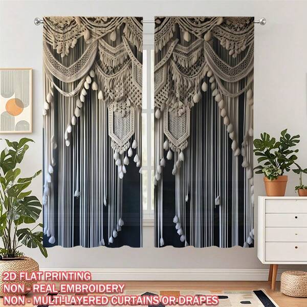 2pcs Boho Macrame Fabric Printed Curtains, Single-Sided Print, Fade-Resistant, Soft, Draping, Thick, Blackout, Machine Washable, Rod Pocket Design, Suitable For Bedroom, Bathroom, Living Room, Closet, Office, Vintage Gift