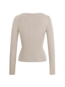 Vaiaye 女士性感修身针织长袖上衣，纯色V领T恤，适合情人节及春季休闲穿着 - 膚色 - 查看 4