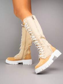 Kniehohe Winterstiefel zum Schnüren mit dicker Laufsohle - Beige - Übersicht 2