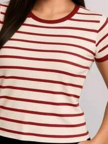 Babe Look Striped Round Neck Basic T-Shirt Premium  Summer Fashion - Red - View 5
