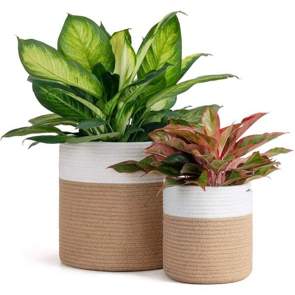 1pc Jute Rope Plant Basket, Modern Woven Storage Basket For 10'' Flower Pot Floor Indoor Planters, Rope Storage Organizer Basket Rustic Home Decor, White&Beige Stripes