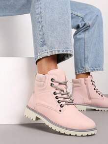 Soft Faux Suede Lace-Up Combat Boots - Women's Casual Winter Boots - Pink - View 2